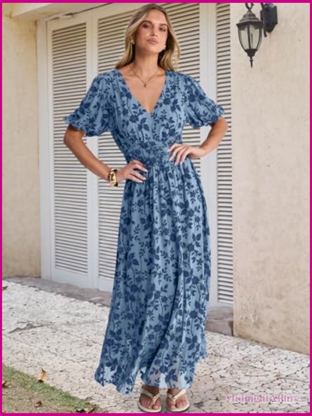 Women Floral Maxi Formal Dress Mesh Short Sleeve V Neck Empire Waist - Picture 2 of 7